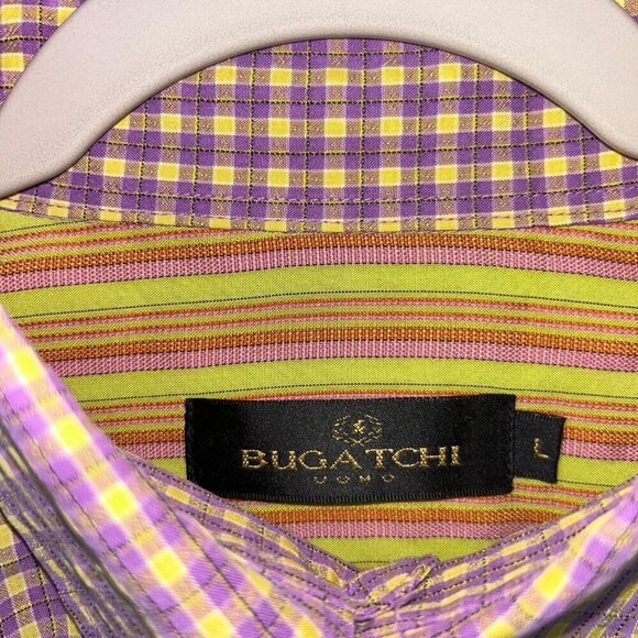 Bugatchi Uomo Long sleeve Purple Yellow Checked Button Up Bright Stripes Large - Picture 2 of 10